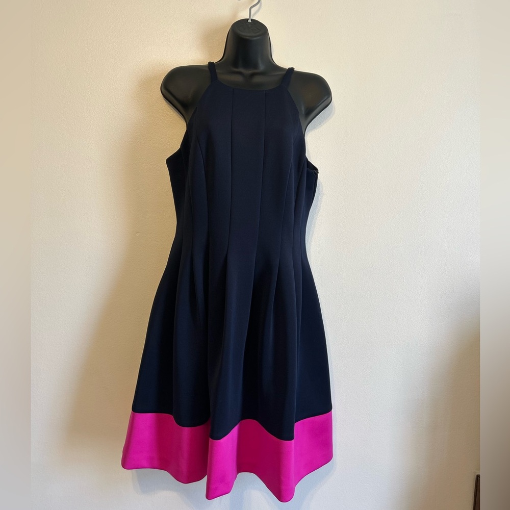 Vince Camuto Navy Midi Dress with Hot Pink Hem, Sleeveless Size 12 - Picture 4 of 11